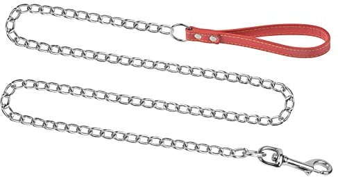Robuste Hundeleine, Metall-Hundeleine mit Ledergriff, hundekette Edelstahl, Heavy Duty Starkes Eisen Anti-kauen Leine mit Gepolstertem für Kleine Mittlere Hunde (180cm)