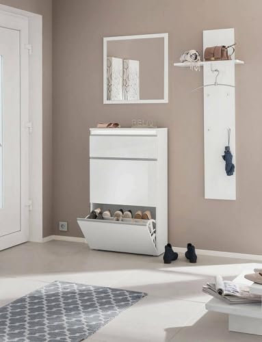 Dmora - Étagère à chaussures Paco, Armoire polyvalente avec 2 portes et 1 porte pliante, Étagère à chaussures d'entrée, 100% Made in Italy, 60x27h108 cm, Blanc brillant