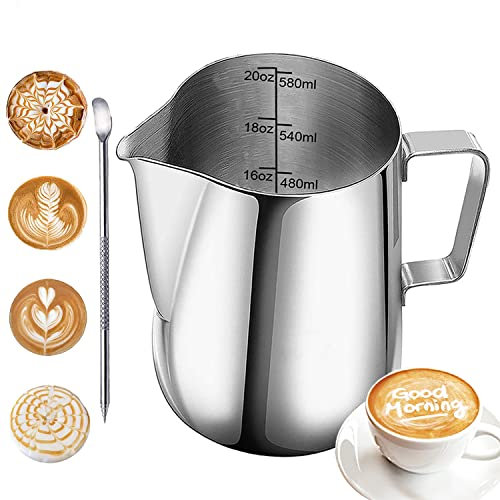 Panlom Milk Frothing Pitcher, 350ml/600ml/12oz/20oz Stainless Steel Coffee Creamer Milk Coffee Milk Jug Cup with Measurement Mark, Espresso Steaming Pitcher, Mate Finish (600ml/20oz)