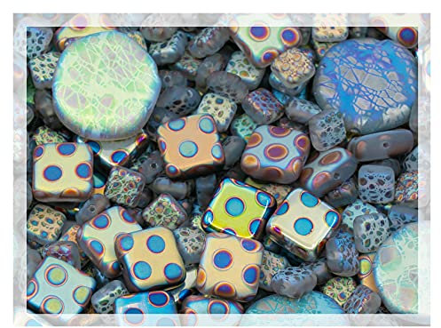50g Mix of Unique Czech Bohemia Glass Pressed Beads, Light Blue AB Sliperit, Patterned, Matte and Glossy, FAN-03