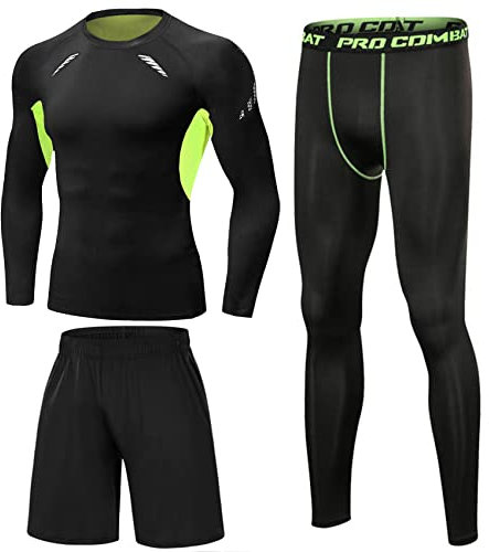 Terecey Ensemble Compression Homme 3 Pièces Haut Manches Longues et Collant et Short Sport Respirant Séchage Rapide Idéal Fitness Course et Entraînement