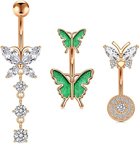 AVYRING Piercing Nombril Papillon Pendre 10MM 14G Acier Chirurgical Femme Piercing Ventre Anneaux Belly Piercing Or rose