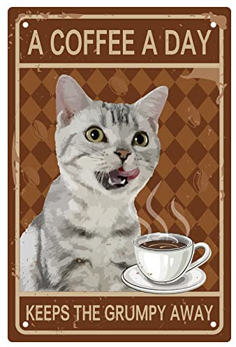 CREATCABIN Funny Cat Coffee Metal Tin Sign Baño Cita Vintage Sign para Cafe Bar Pub Baño Cocina Decoración de Pared 8 x 12 Pulgada