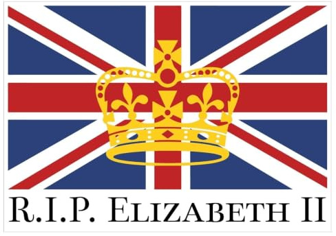 Aufkleber „RIP QUEEN ELIZABETH II UK-Flagge/Krone“ Schild Folie selbstklebend | Variante wählbar Made in Germany, Größe: Krone + Flagge | 6x8,5cm