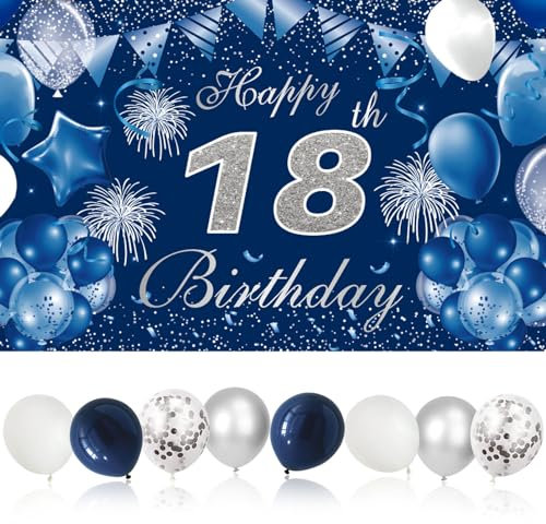ZOCONE Decoración para 18 Cumpleaños Pancarta 18 Años Decoracion Cumpleaños Fiesta Celebracion de Azul Blanco Photocall Chico con Globos