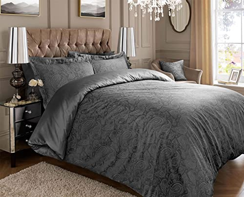 Roseley 600TC Jacquard Duvet Cover Set 80% Cotton Ornamental Bed Set Covers Soft & Warm Extra Pillowcases Available [Dark Grey Paisley, Super King]