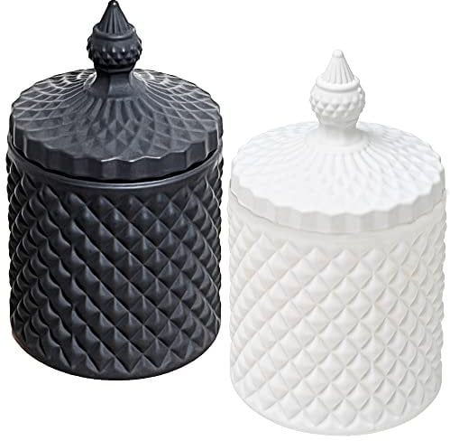 Qtip Holder Dispenser Apothecary Glass Jar - Bathroom Storage Canister for Cotton Ball, Pad, Hair Tie, Bath Salts, Floss - Vanity Organizer (Black+White, Small)