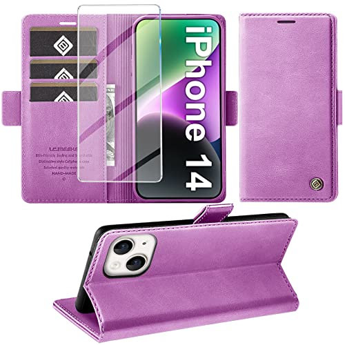 Giyer Handyhülle für iPhone 14 Hülle mit Schutzfolie, Standfunktion Kartenfach Wallet Premium Leder Schutzhülle für iPhone 14 5G 6.1 Zoll Flip Case Cover Stoßfeste Klapphülle (Lila)