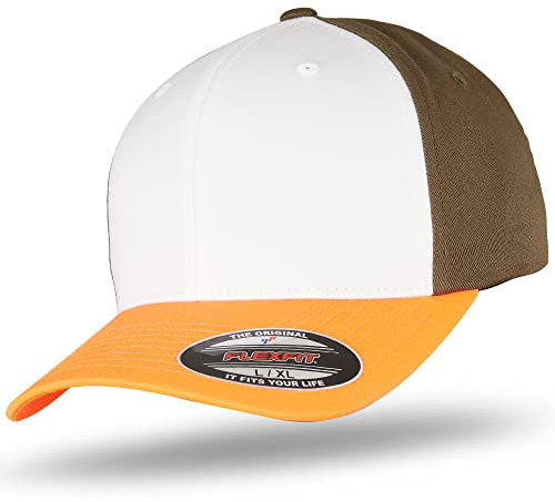 Flexfit Herren Baseballkappe Wooly Combed, 3-farbig, Orange, Weiß, Olivgrün, L/XL