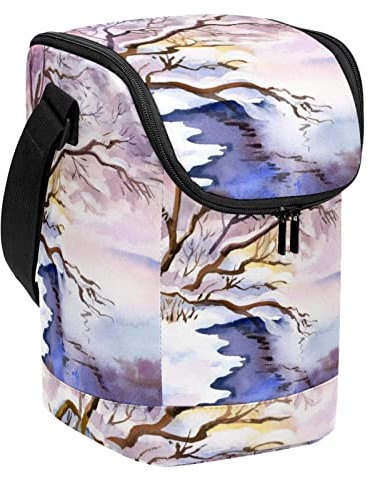 Lonchera reutilizable con diseño de paisaje de acuarela y paisaje, lonchera vertical grande con correa ajustable para el hombro