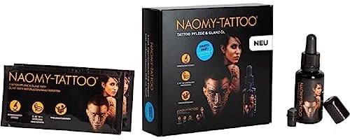 NAOMY-TATTOO - Tattoo Pflege für verblasste, matte Tattoos I neuer Glanz und strahlende Farbintensität I 100% natürliche Inhaltsstoffe I vegan I ohne Tierversuche (SET 2): 1x Öl 30ml + 2x Tücher