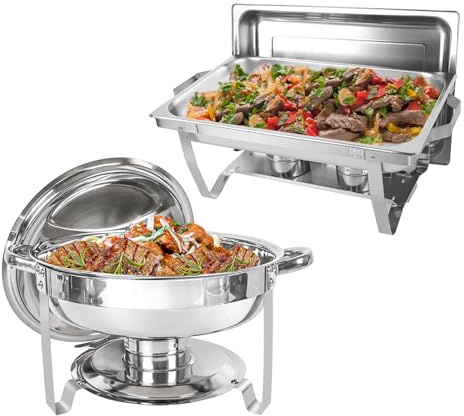 IMACONE Set di 2 scaldavivande rettangolari e rotondi da 1,5 l, in acciaio inox, per catering, scaldavivande e buffet, con padella per cibo e acqua, coperchio, supporto per carburante per eventi,