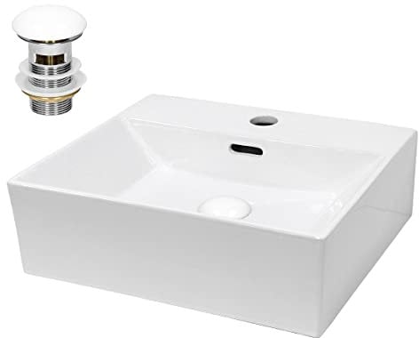 ECD Germany Lavabo Cerámica Blanco Rectangular 415x360x130 mm Incl. Juego De Desagüe con Rebosadero Agujero para Grifo Lavamanos Moderno De Encimera Sobremesa para Baño Aseo Fregadero Colgante