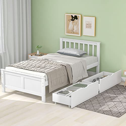 LATICO Kinderbett 90x200, Bett mit 2 Schubladen Stauraum, Holzbett mit Lattenrost, Stauraumbett Jugendbett Erwachsenenbett, Rahmen aus Kiefernholz, Ohne Matratze, Weiß