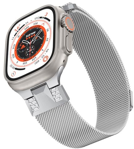 Higgs Metallo Cinturini Compatibile con Cinturino Apple Watch 44 mm 42mm 45mm 46mm Ultra/Ultra 2 49mm,Cinturino Magnetiche Regolabili iWatch Serie 10 SE/2 9 8 7 6 5 4 3 2 1,Liscio Maglia Milanese