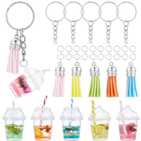 SUNNYCLUE 35Pcs DIY 5 Sets Bubble Tea Keychain Kit Bubble Tea Charms Bubble Tea Key Chains Mini Milk Cup Keychain Fruit Tea Keychain Set Mini Cup Charms for Jewellery Making Kits Keychains Supplies