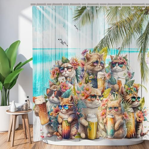 ASDCXZ Lustig Duschvorhang 180x180 cm, Lustig Katze am Meer Party Blumen Retro Holzmaserung Palmblätter Bad Waschbar Duschvorhänge Polyester Textil Wasserdicht Badevorhang für Badewanne mit 12 Haken