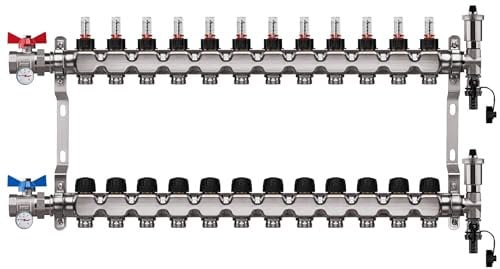Edelstahl Heizkreisverteiler Premium 12 Heizkreise für Fußbodenheizung Durchflussanzeiger Entlüfter (12 Heizkreise)