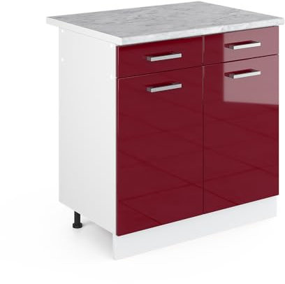 Vicco Meuble Bas Universel R-Line, Rouge Bordeaux Haute Brillance/Blanc, 80 cm avec tiroirs et Portes, avec Plan de Travail
