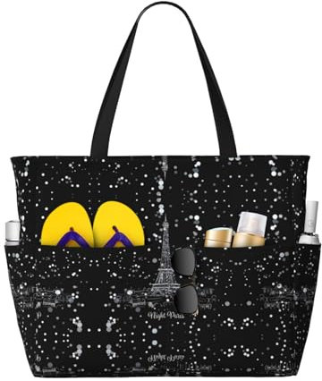 KIROJA Große Strandtasche mit Eiffelturm-Rosen-Motiv, sanddicht, Reißverschluss, für Reisen, Urlaub, Fitnessstudio, Night Paris Eiffelturm, Einheitsgröße