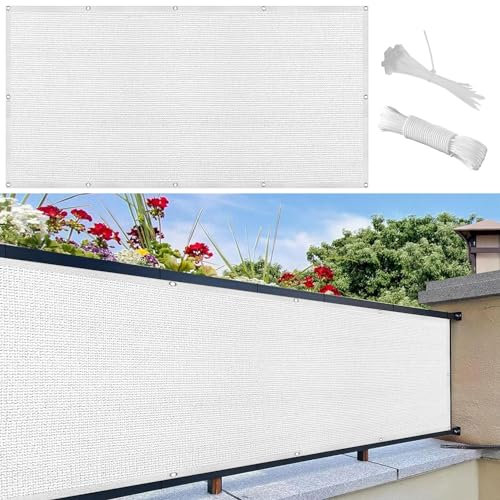 Brise Vue Balcon 115 x 400 cm Blocage des UV, Vent Protection Brise Vue Renforcé Filet Occultant avec Oeillets et Cordons, Facile a Poser pour Balcon et Clôture Porches, Blanc