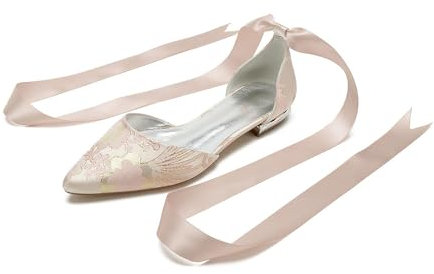 FADUNI Womens Round Toe Ballet Flats Pumps Ribbon Ankle Strap Lace Up Wedding Bridal Slip on Pumps Shoe,Pink,4 UK