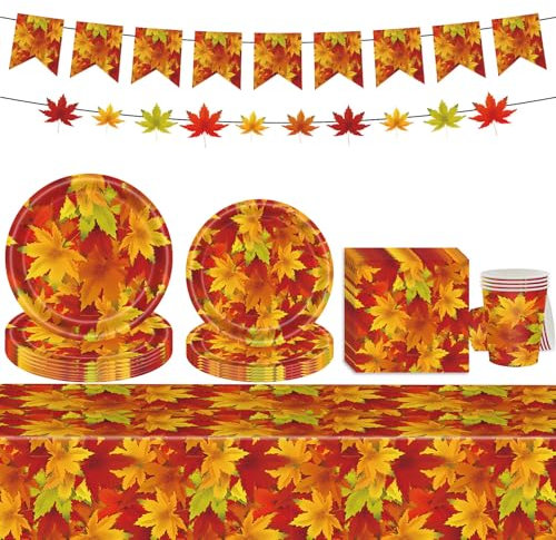 Autumn Fall Maple Leaf Party Tableware Set,70pcs Autumn Thanksgiving Dinnerware Maple Leaf Paper Plates Cups Napkins Tablecloth and Banner for Thanksgiving Harvest Festival Décor,Autumn Table Décor