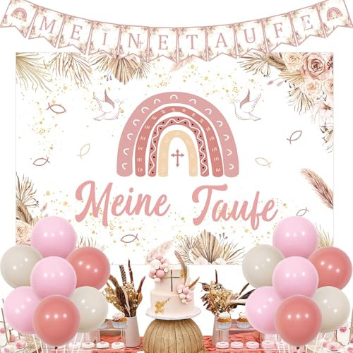 Sursurprise Meine Taufe Deko für Mädchen Rosa, Meine Taufe Regenbogen Banner Hintergrund, Erstkommunion Luftballon, Kommunion Konfirmation Regenbogen Deko