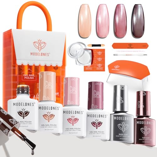 Modelones UV Nagellack Set, Starterset mit Lampe 4 Farben Gel Nagellack Set mit Base Coat und Top Coat Cat Eye Gel Gelee Nude Rot Braun Gelnägel Maniküre Set Komplett