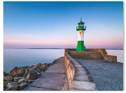 BEAYODKP DIY Malen nach Zahlen-Ölgemälde Geschenk für Erwachsene Kinder,Sonnenaufgang am Leuchtturm im Hafen von Sassnitz,Malen Nach Zahlen Kits Wohnzimmer Schlafzimmer Wanddekoration(50x60cm)-785