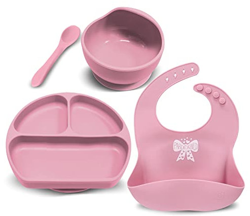 Miracle Baby Lot de 4 Set Vaisselle Silicone Repas Bébé, Assiette Ventouse pour Bébé, Bol Ventouse pour Enfant, Bavoir Imperméable, Cuillère D’apprentissage, Sans BPA, Passe Lave et Micro Onde (Rose)
