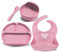 Miracle Baby Lot de 4 Set Vaisselle Silicone Repas Bébé, Assiette Ventouse pour Bébé, Bol Ventouse pour Enfant, Bavoir Imperméable, Cuillère D’apprentissage, Sans BPA, Passe Lave et Micro Onde (Rose)