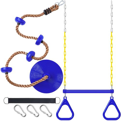 Hungdao - Set of 2 gym rings with swing bar and climbing rope with platforms and disc, heavy duty coated swing chains, swing seat accessories for