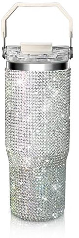 HWISDMIG 30 Oz Tumbler With Handle Studded Tumbler With Lid and Straw Insulated Stainless Steel Double Wall Water Cup Travel Mug Water Bottle Tumblr For Women (Shiny)