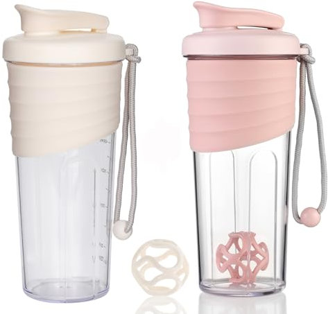 OUOUMUF 2 Stück Protein Shaker mit TRITAN Rührball eiweiss shaker shaker für proteinshakes- für super cremige Fitness Eiweiß Shakes,shaker proteinshaker 700ml (Rosa und Weiß)