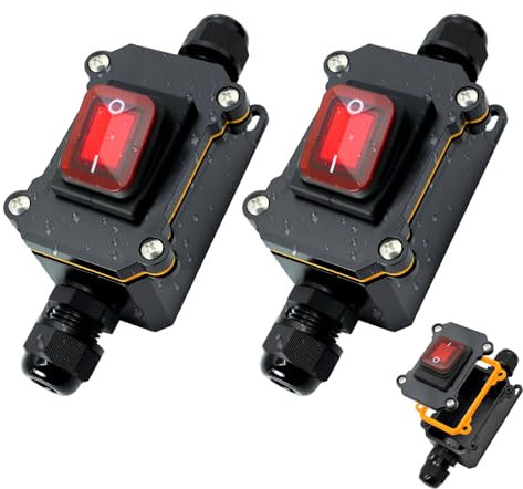 Interrupteur de câble étanche interrupteur Binghe 2 pièces 220V 30A IP67 Interrupteur Etanche avec LED Rouge Interrupteur étanche en ligne Pour une utilisation en extérieur/outils électriques