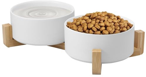 Elevated Ceramic Dog Bowl Set,Double Dog Food and Water Bowl with Wooden Stand,850ML Raised Pet Dishes Set of 2,Non-Slip Feeding Bowls for Small to Medium Dogs or Cats(White)