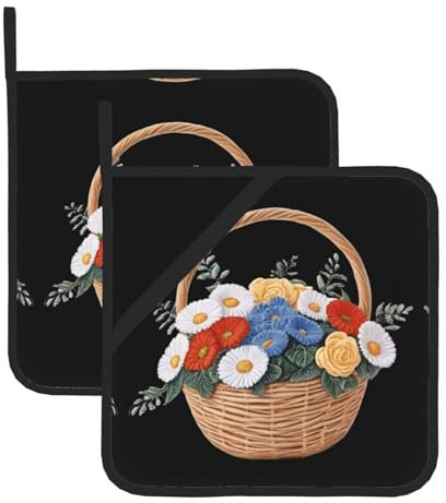 WHJSHOP Lot de 2 maniques carrés isolants en laine tissée avec imprimé de fleurs, 20,3 x 20,3 cm, épais et durable, anti-brûlure et isolation thermique