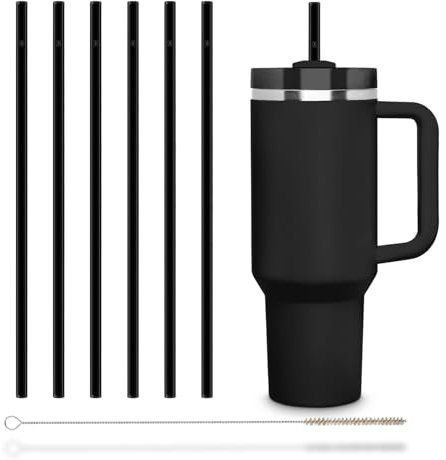 HALM Schwarze Stanley Glasstrohhalme 6x 30 cm lang für Cup Quencher H2.0 Tumbler & Flaschen bis 1,2 Liter + Reinigungsbürste Spülmaschinenfest - Wiederverwendbare Ersatz Strohhalme