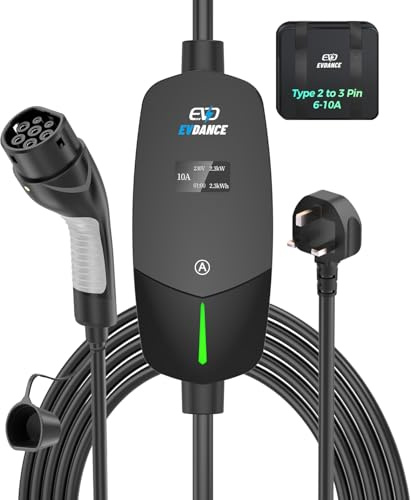 EVDANCE EV Charging Cable for Electric and Hybrid Vehicles | 10 Metres, 10A Max, IP66, 3 Pin UK Plug to Type 2 Car Charger, Suitable for Home & Travel, Black