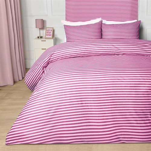 OHS King Size Duvet Cover Set, Ultra Soft Cosy Warm Luxurious Microfibre Embossed Stripes Pattern Reversible King Size Bedding Set with 2 Pillowcases, Pink