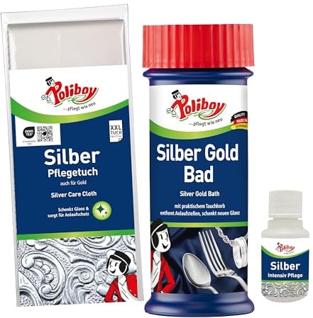POLIBOY Silberpflege Set - Silber Gold Bad mit Tauchkorb & Silber Pflegetuch zur Reinigung von Schmuck, Besteck & Dekoration - Für Silber, Versilbertes & Gold - inkl. Produktprobe - Made in Germany