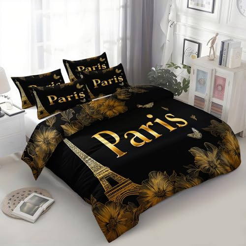 Generisch Bettwäsche 135x200 cm Goldener Pariser Turm Buchstaben Schwarz 3D Bedruckte Bettbezug Einfache Pflege 3-Teiliges Bettwäsche Set Polyester Baumwolle mit Reißverschluss und 2 Kissenbezug