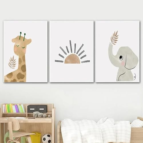 GOSRD Niedliche Cartoon-Tier-Sonnenposter, Kunstdrucke, Giraffen-Leinwandkunst für Kinderzimmerdekoration, Wandbild (40x60cm-3 Stück)