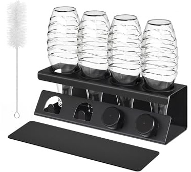 SONGMICS Flaschenhalter für 4 Flaschen, Stahl, Abtropfgestell | Mit absorbierenden Abtropfmatten, Flaschenbürste, Küche, tintenschwarz, PAXTON Kollektion KCS558BH01
