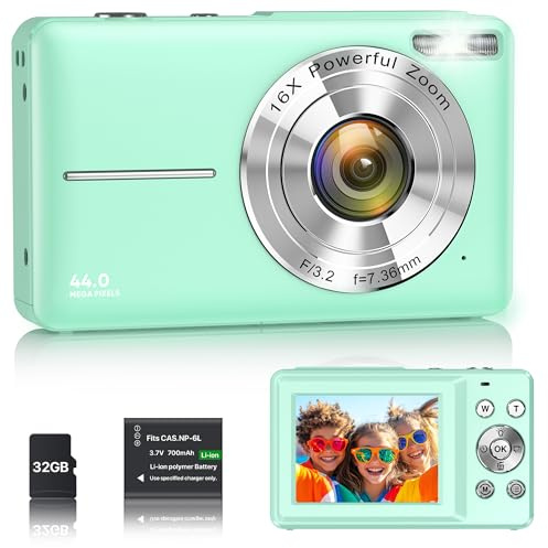 Appareil Photo Numérique 1080P 44MP Caméra Vlogging pour Enfants Ados, FHD Compact Portable avec Écran 2,4 Zoom 16X, Mini Caméra Anti-secousse pour Débutants Étudiants-Vert