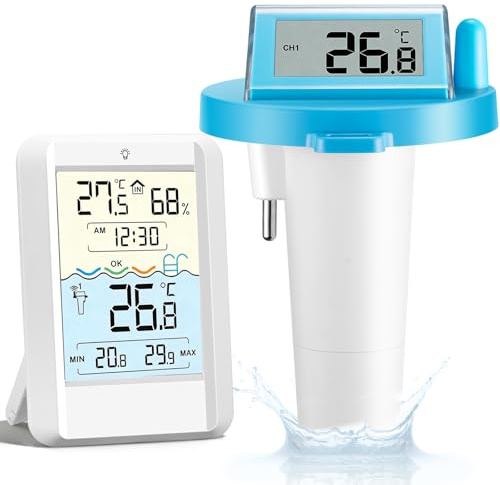 Sorlpv Poolthermometer Schwimmend Funk Digital Solar & Akku Betrieb, IP68 Wasserdicht Wassertemperaturmesser Pool mit Großes Digitaldisplay, bis 70 m Reichweite für Schwimmbad Badewanne Teich Aquarium