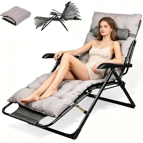 Klappbare Sonnenliege mit Polster, Ergonomischer Liegestuhl für Garten und Terrasse, 7-Fach Verstellbare Rückenlehne, Outdoor Relaxliege bis 150 kg, Gartenstuhl für Balkon und Terrasse (Grau)