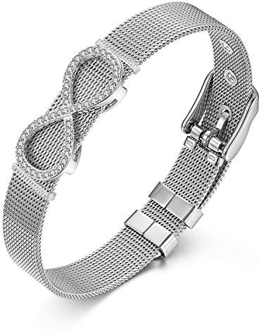 JewelryWe Schmuck Mesh Armband Damen Edelstahl Infinity Unendlichkeit Lieben Zeichen Charms Armkette Armreif Charmband mit Zirkonia Silber