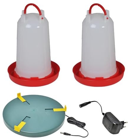 Tränke und Heizplatte von VOSS.eisfrei im Set, 2X Geflügeltränken mit Bajonettverschluss 6 Liter + 30cm VOSS.eisfrei Heizplatte für Geflügelhaltung, Wärmeplatte als Tränkenwärmer für Hühner